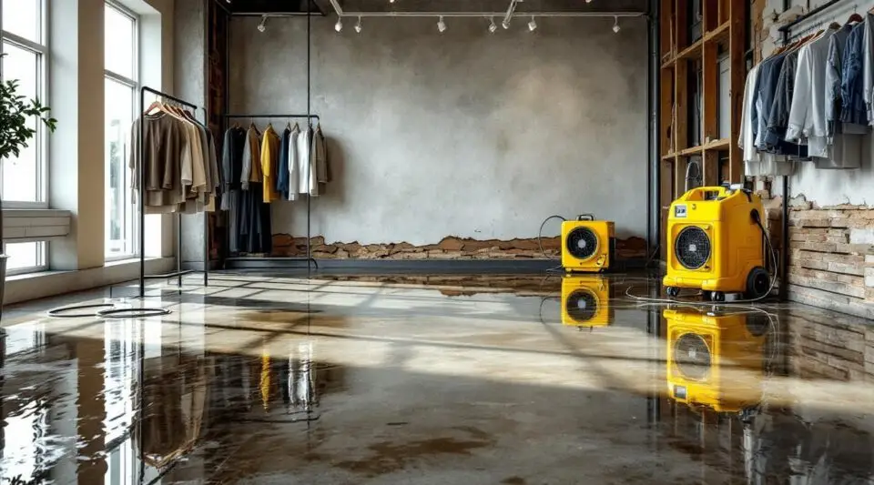 Turbo Dry Restoration technicians extracting water from a flooded Englewood retail showroom with commercial drying equipment.