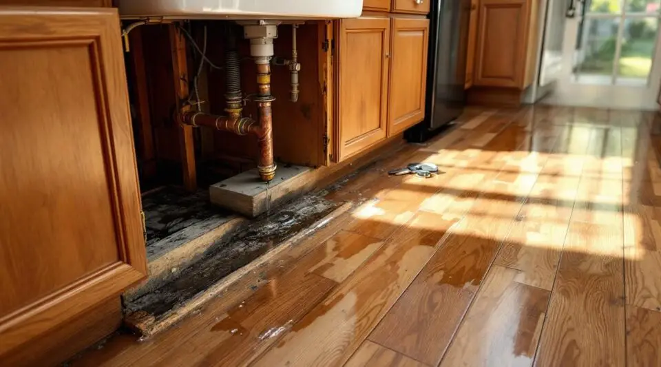 A Turbo Dry Restoration technician using a moisture meter behind kitchen cabinets in Englewood to locate hidden water damage.