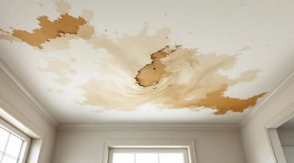 A technician carefully inspecting a water-stained drywall ceiling with a moisture meter in an Englewood home.