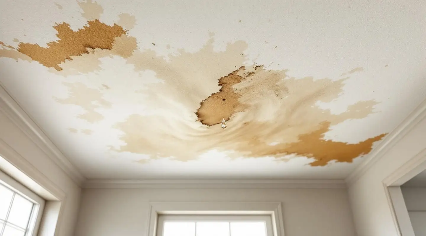A restoration technician carefully checking a water-stained ceiling in an Englewood home using a moisture meter.