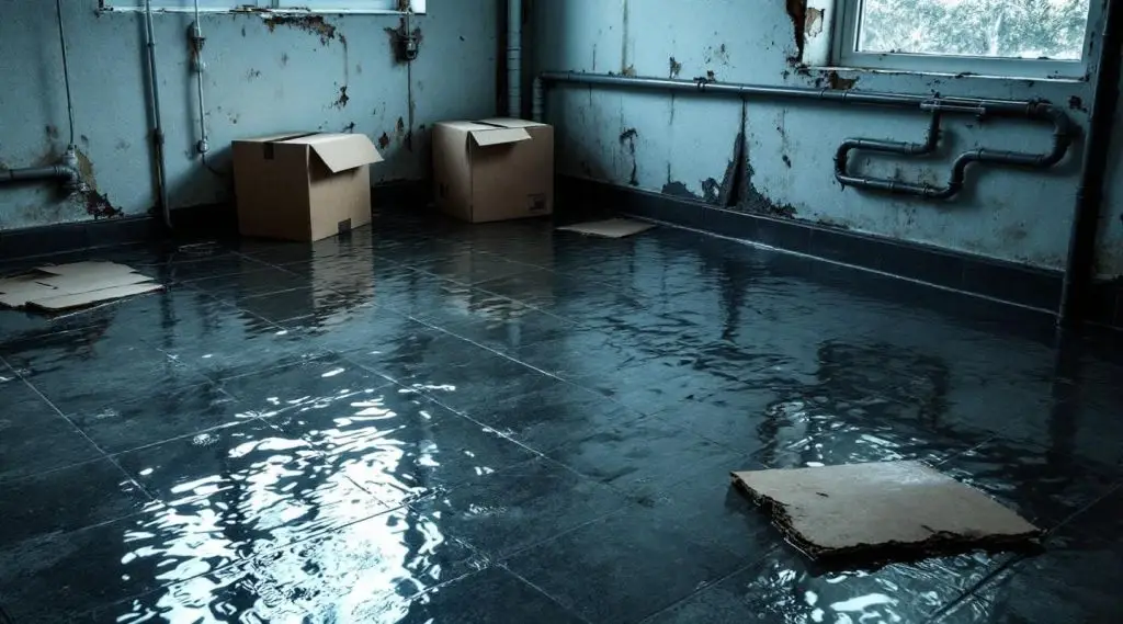 Turbo Dry Restoration technician extracting standing water from a flooded Englewood basement under bright work lights.