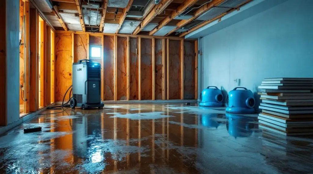 Turbo Dry Restoration technicians setting up commercial dehumidifiers in a flooded Englewood family room.