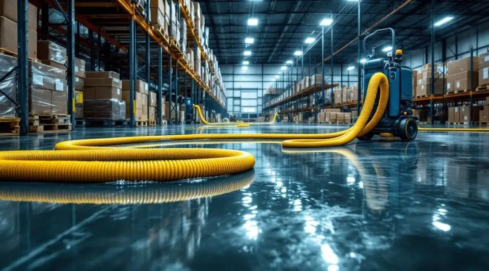 Turbo Dry Restoration crew operating high-volume water extraction pumps on a flooded concrete warehouse floor in Englewood.
