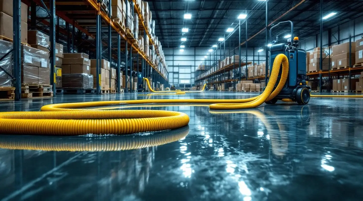 Turbo Dry Restoration crew operating high-volume water extraction pumps on a flooded concrete warehouse floor in Englewood.