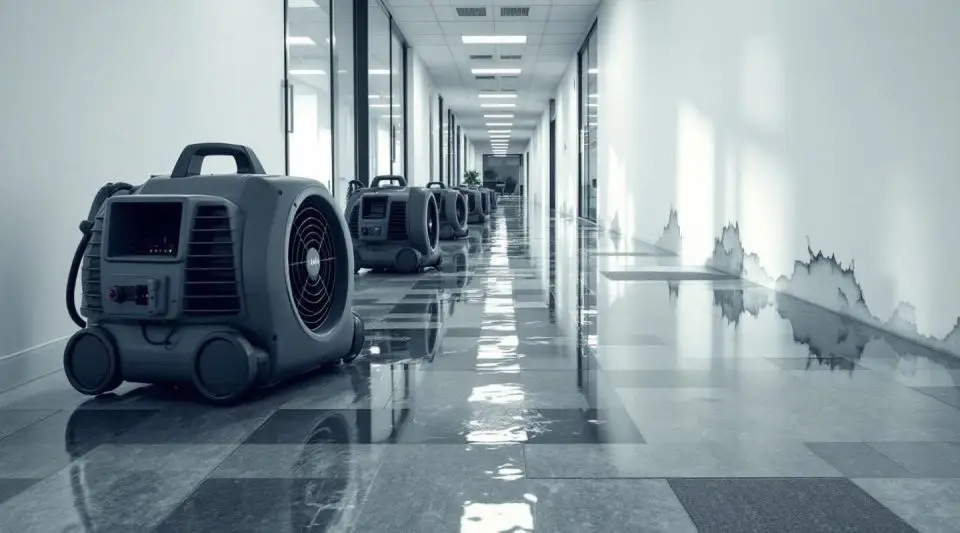 Commercial water extraction crew using heavy-duty dehumidifiers in a flooded Englewood office lobby after a water main break.