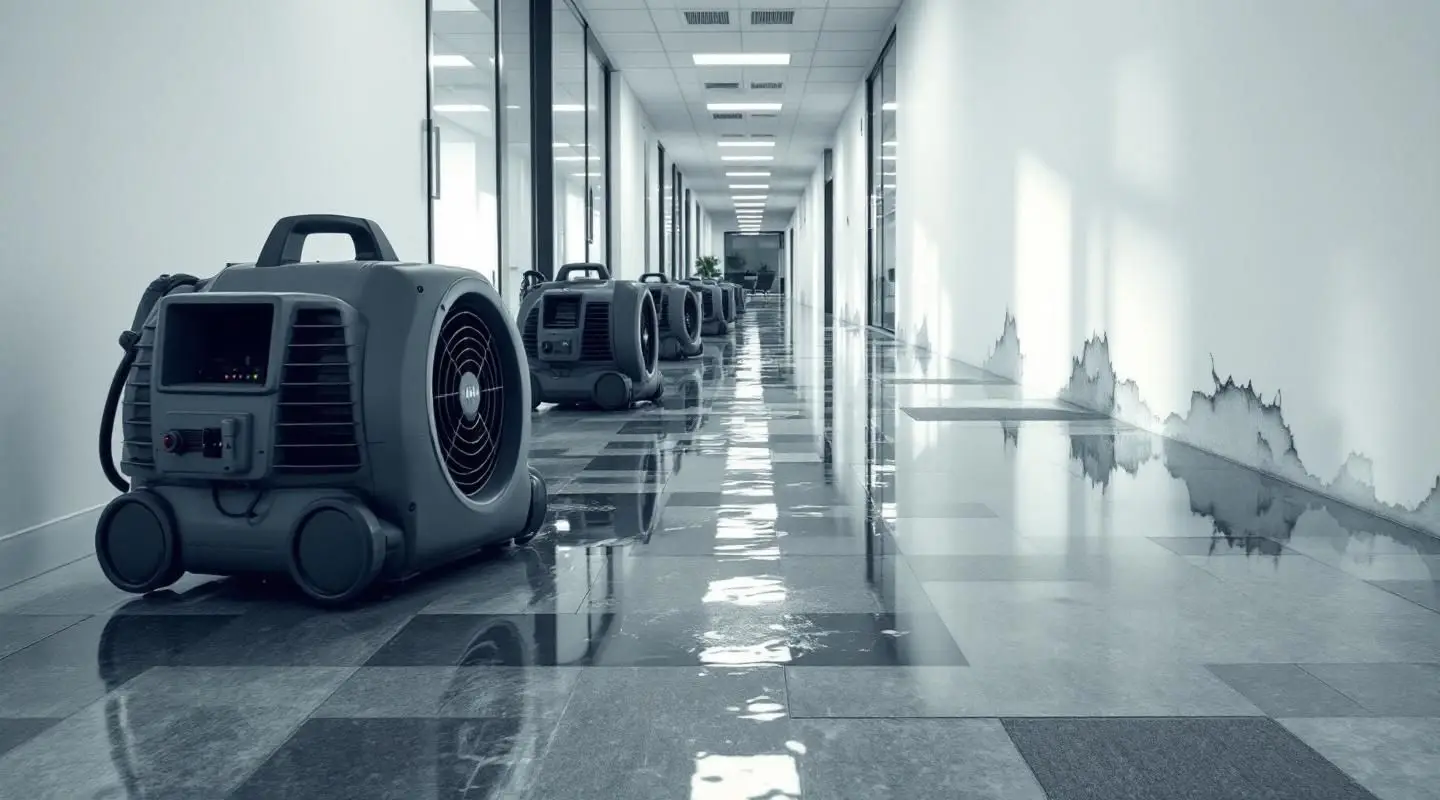 Commercial water extraction crew using heavy-duty dehumidifiers in a flooded Englewood office lobby after a water main break.
