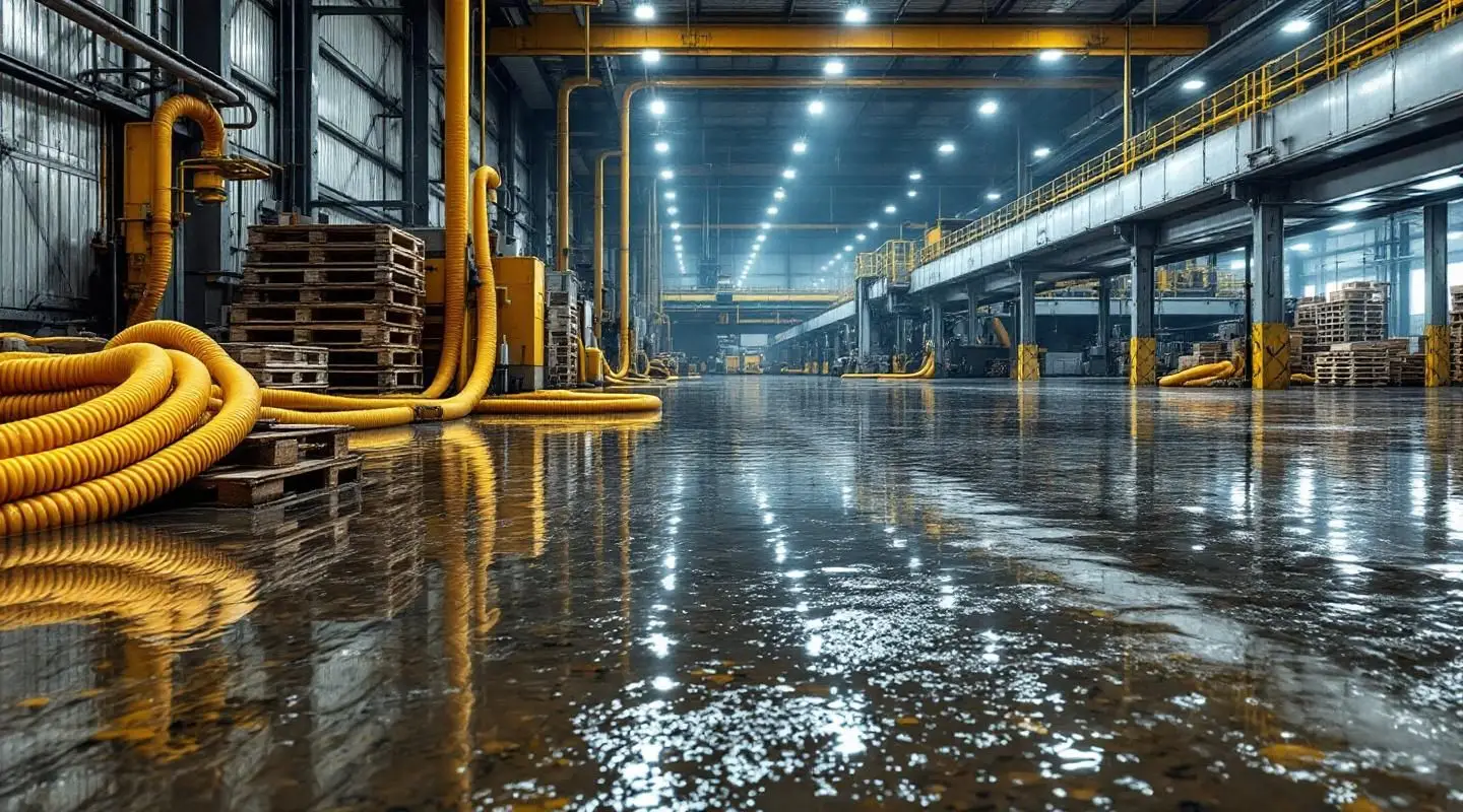 Turbo Dry Restoration crew using high-volume water extraction pumps inside a flooded Englewood industrial warehouse.