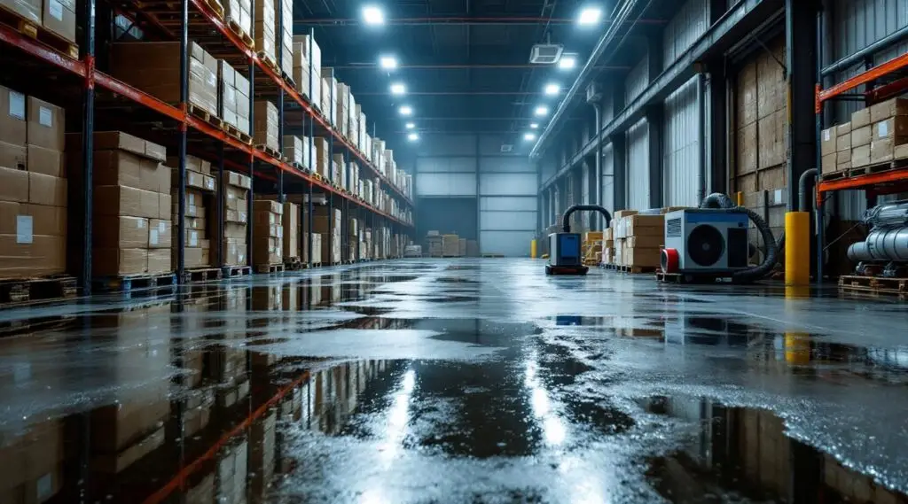 Industrial drying equipment and high-volume air movers drying a wet concrete warehouse floor in Englewood.