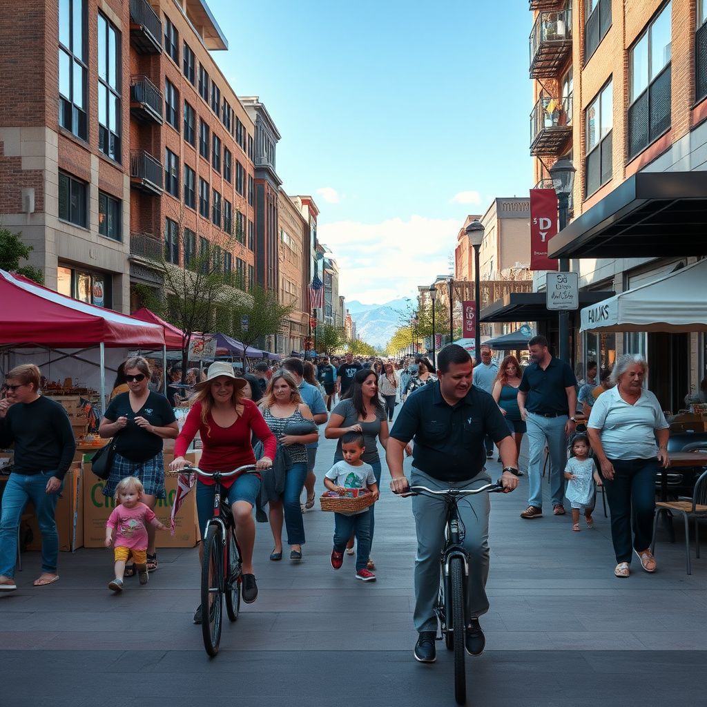 A scenic view of the historic South Broadway corridor in Englewood, Colorado, showcasing local storefronts and tree-lined streets.