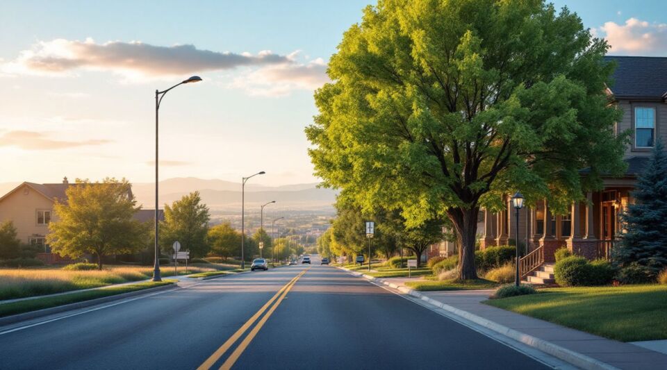 A service vehicle parked along a residential street in Lone Tree, Colorado near RidgeGate during a clear afternoon.