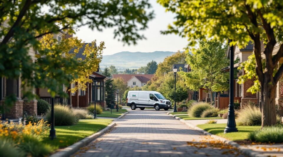 A service truck parked along a residential street in Highlands Ranch with the Front Range foothills visible in the distance.