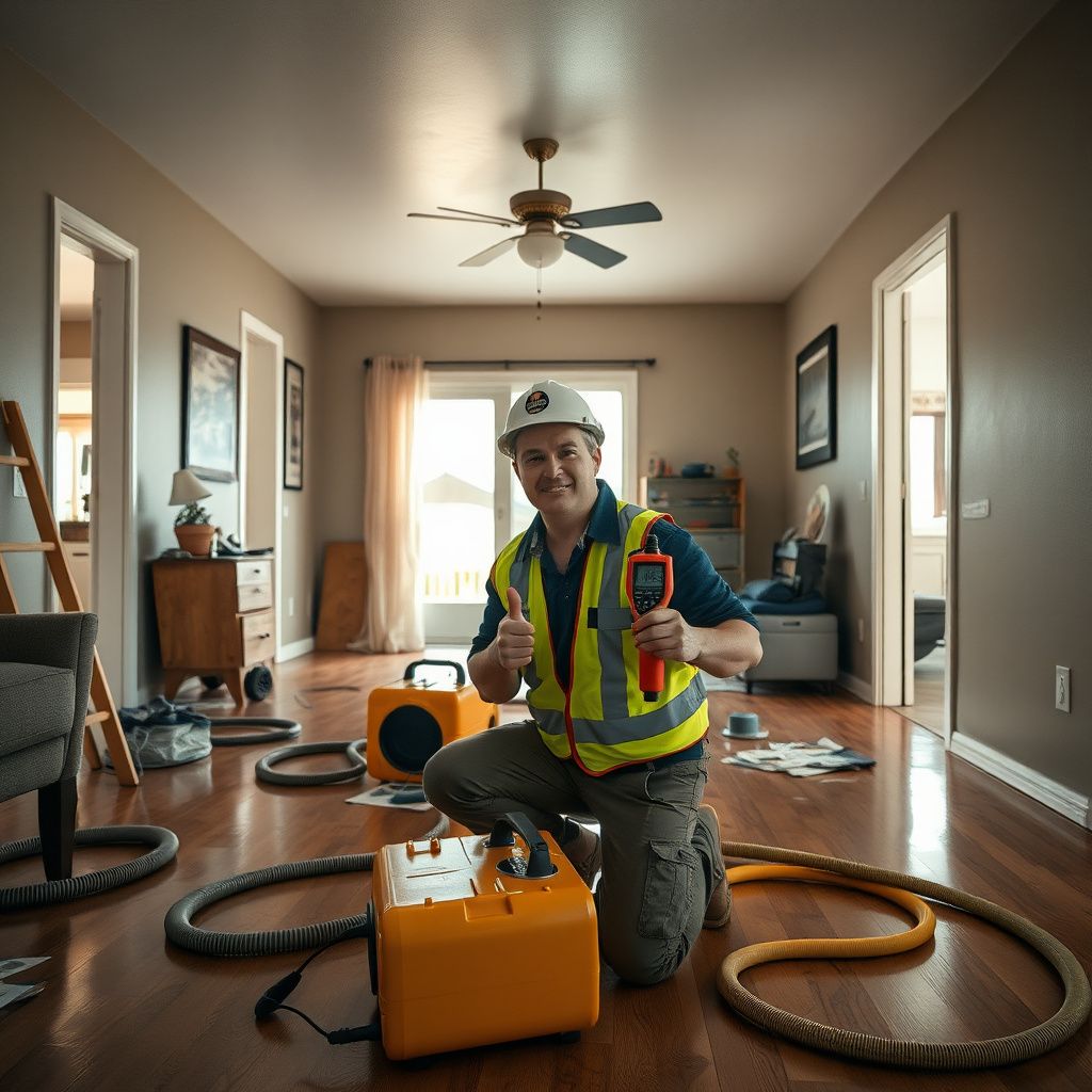 An IICRC-certified technician using a moisture meter to check a drywall wall in an Englewood home.