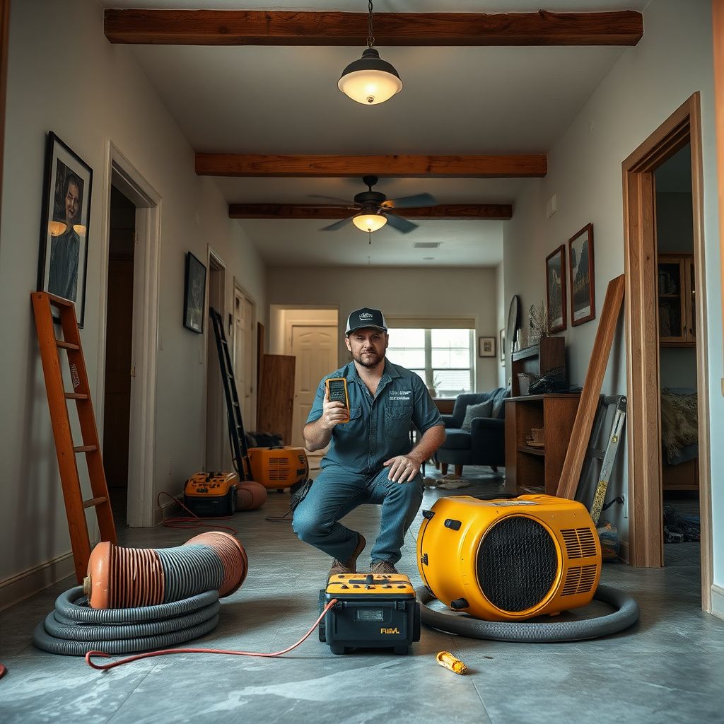 An IICRC certified technician using a thermal imaging camera to detect hidden moisture behind a drywall in a Lakewood home.