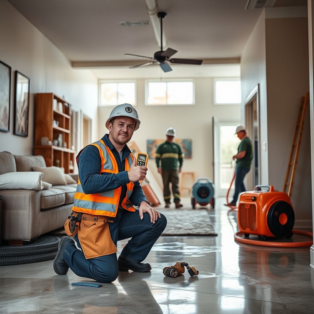 An industrial air mover and dehumidifier operating in a finished basement in Lone Tree, Colorado.
