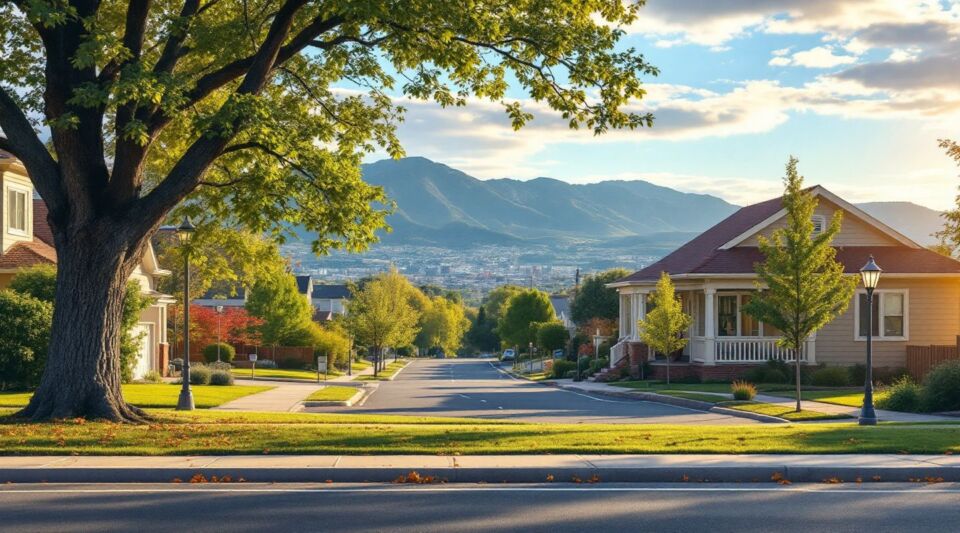 A service vehicle parked on a residential street in Centennial, Colorado during a clear afternoon with Front Range foothills in the distance.