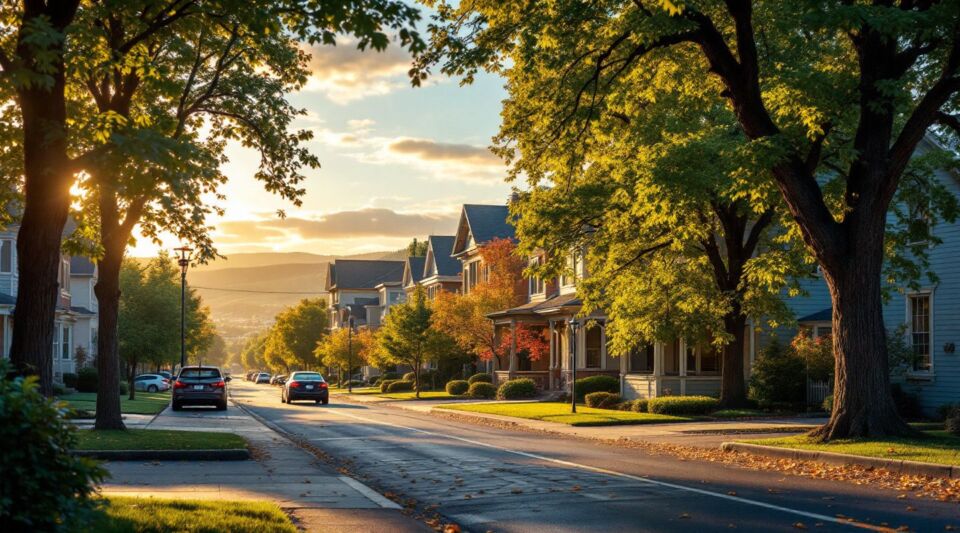 A professional service vehicle parked along a tree-lined street in Greenwood Village, Colorado, with high-end residential homes in the background.