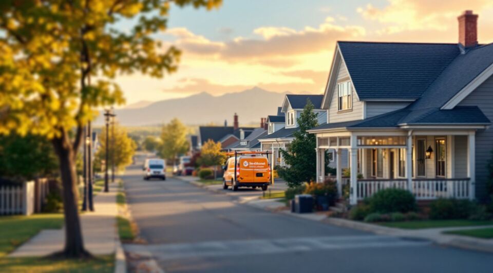 A response vehicle parked along a residential street in Lakewood, Colorado near Green Mountain during a rainy afternoon.